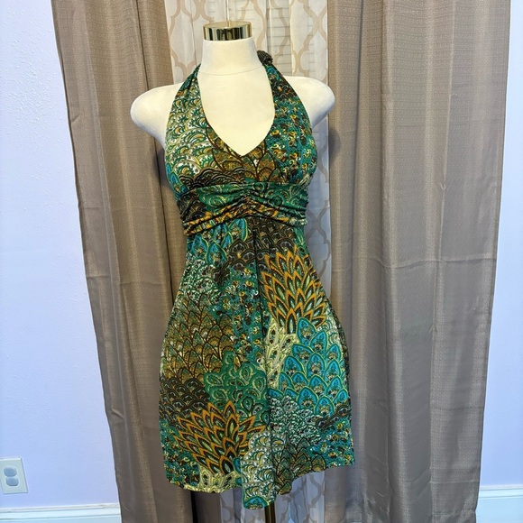 Cristinalove Dresses & Skirts - Halter Neck Peacock Print Dress, size M